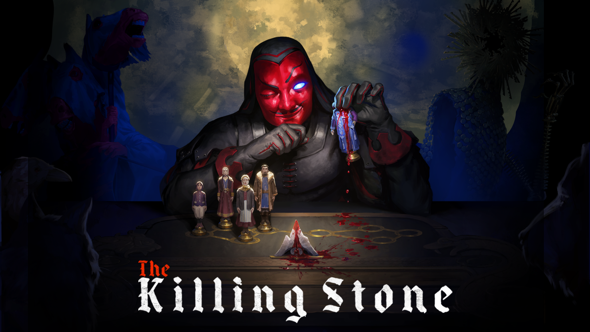 Key Art for The Killing Stone - a new deckbuilding card battler set in an occult folk horror setting.
