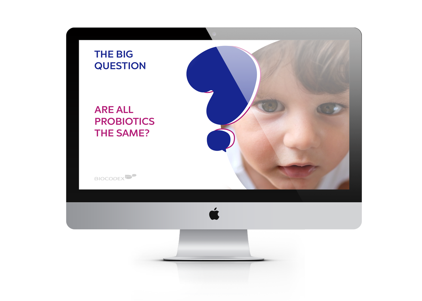 Computer screen displaying a presentation slide with a large question mark, the text 'The Big Question: Are all probiotics the same?', and a close-up photo of a young child's face.