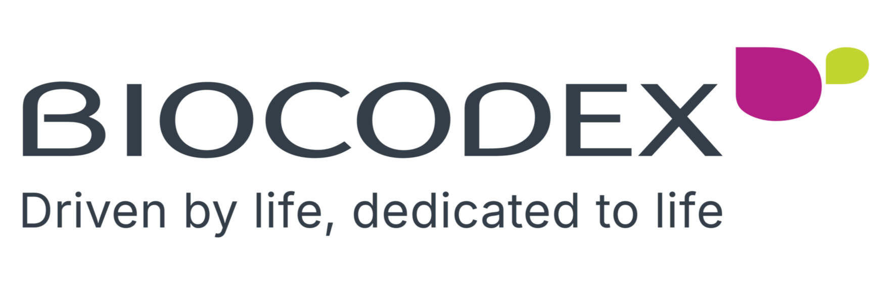 Biocodex logo with a pink and green stylized flower design and the tagline 'Driven by life, dedicated to life'