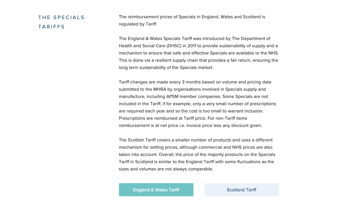 Page with information about tariffs for specials in England, Wales, and Scotland, including details on the history, regulation, and mechanisms of the tariffs, with buttons labeled "England & Wales Tariff" and "Scotland Tariff."