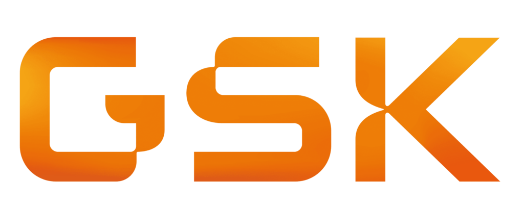 Close-up of a colorful logo with the word 'GSK' in bold, stylized orange and yellow gradient letters.