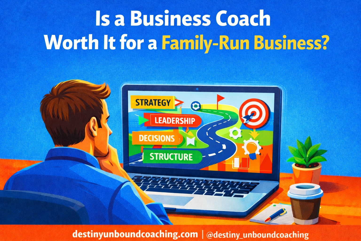 Business owner reviewing strategy roadmap on laptop for a family-run business coaching article titled Is a Business Coach Worth It for a Family-Run Business.