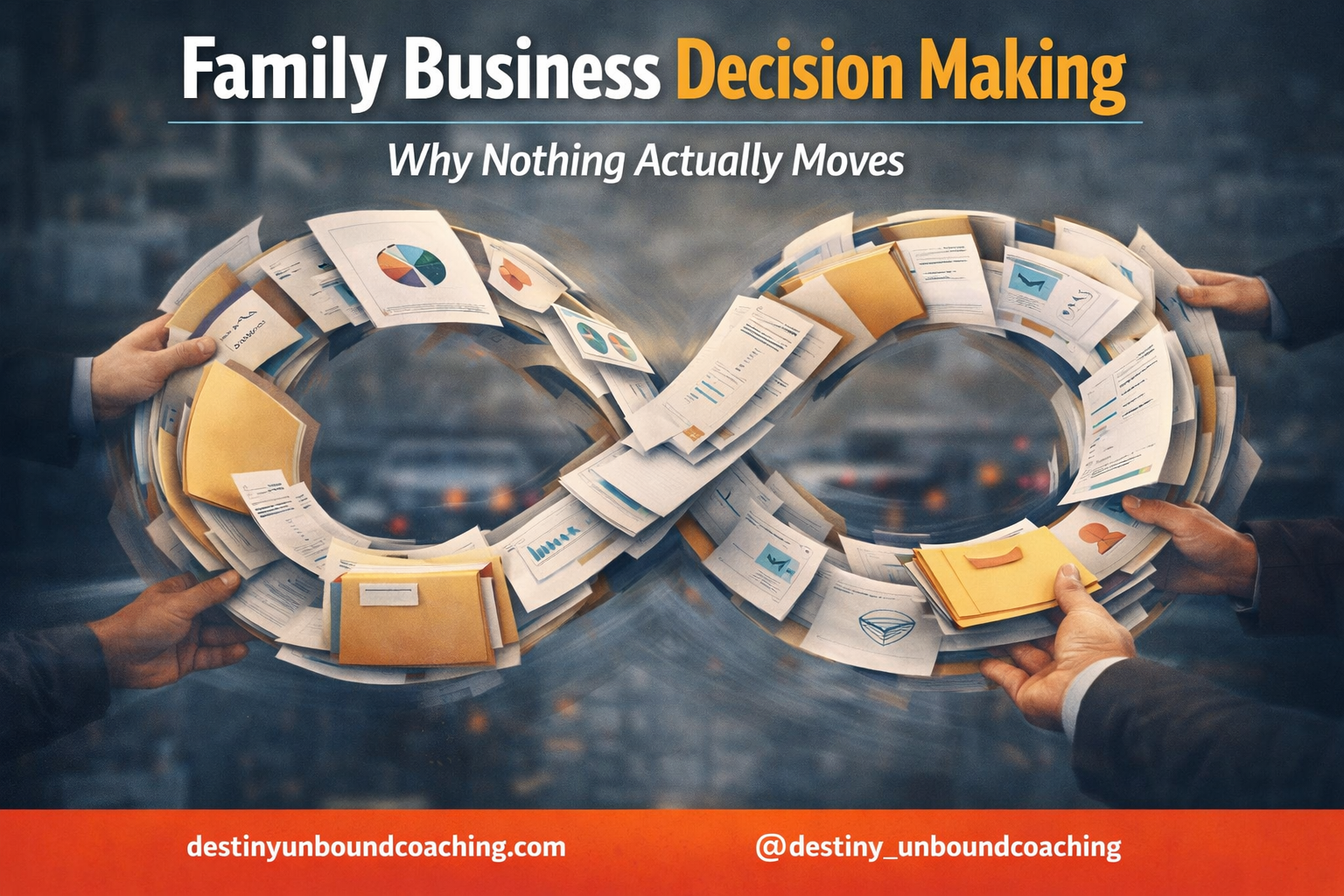 Illustration showing business documents forming an infinite loop, representing repeated decision-making cycles and lack of progress in a family-run business.