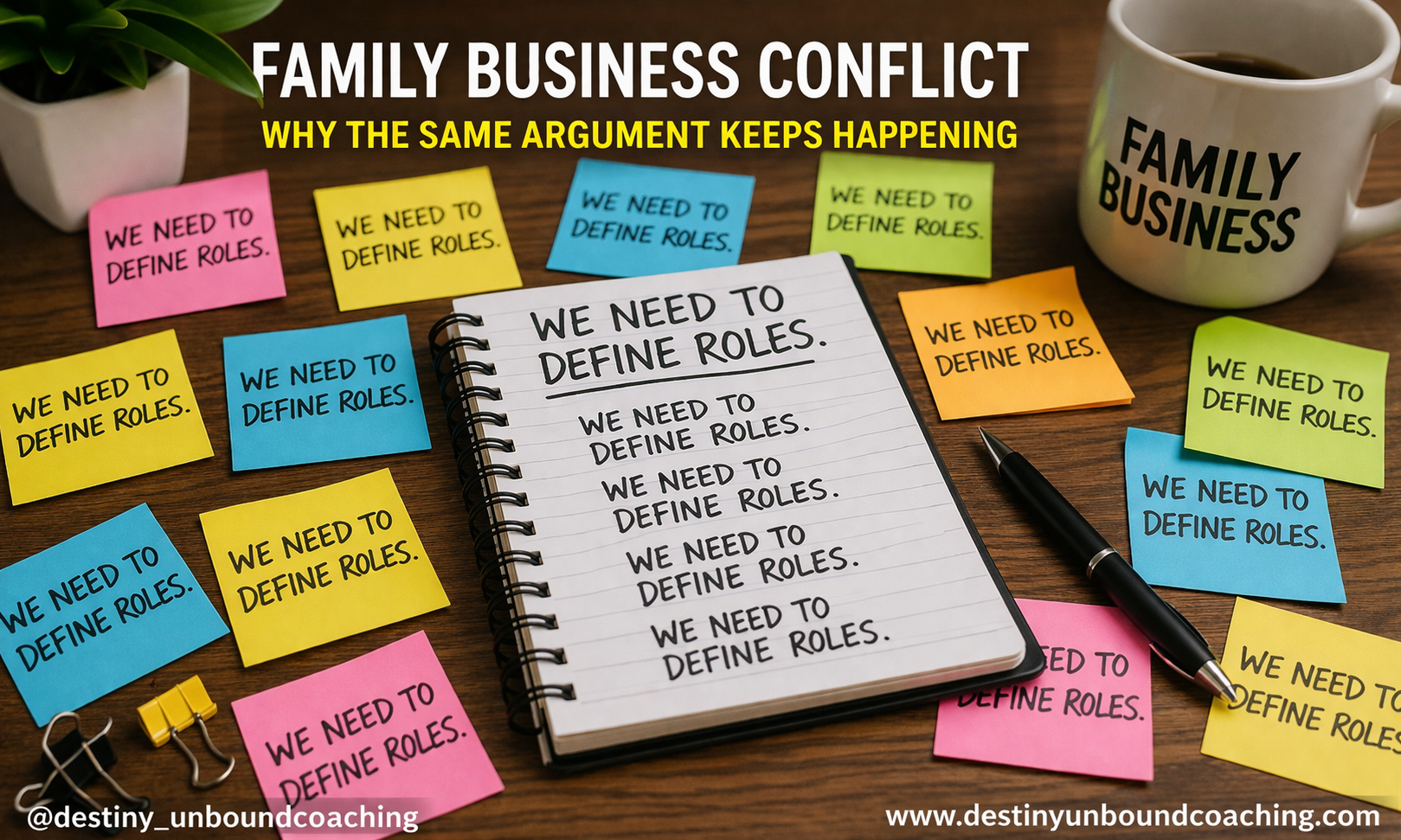 Notebook and sticky notes repeating the same message about defining roles showing recurring conflict in a family business
