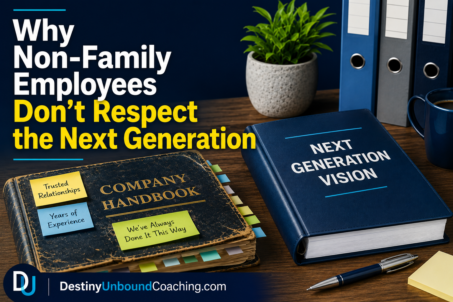 Office scene showing a well-used company handbook beside a new next generation vision binder, representing the challenge of gaining respect from non-family employees in a family business.