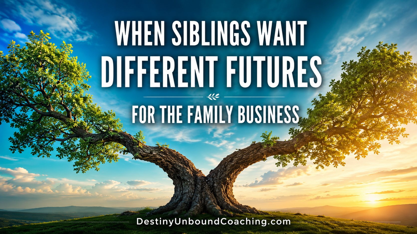 Tree splitting into two healthy branches representing siblings with different visions for the future of a family business.