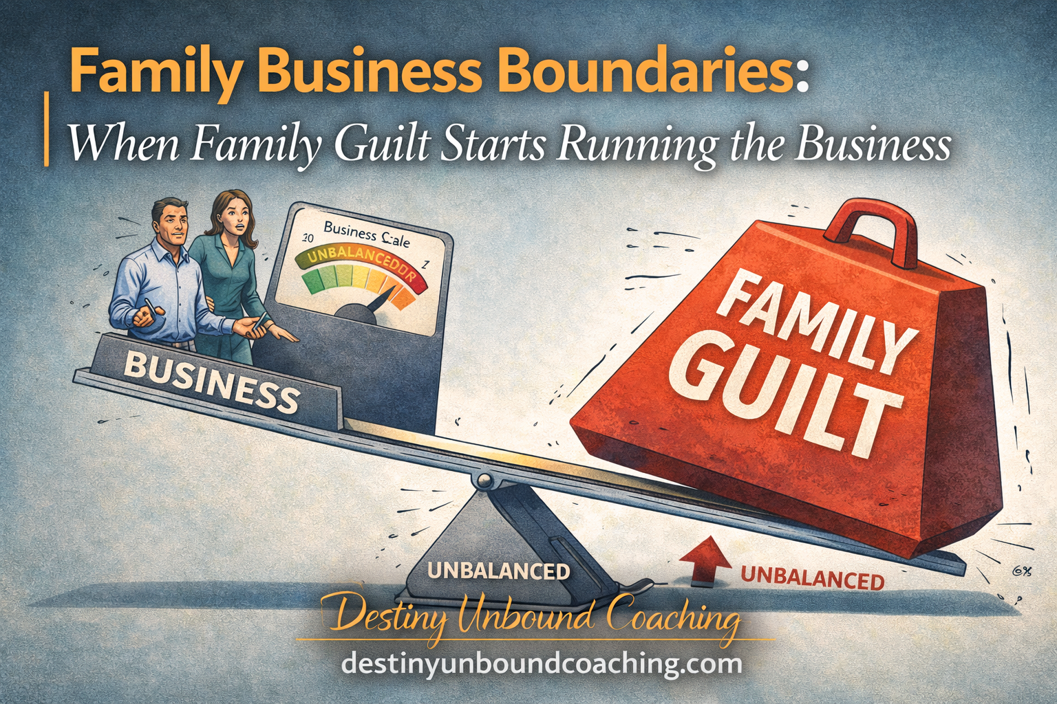 Illustration showing a business scale tipped by a heavy weight labeled family guilt representing how guilt can influence decisions in a family business