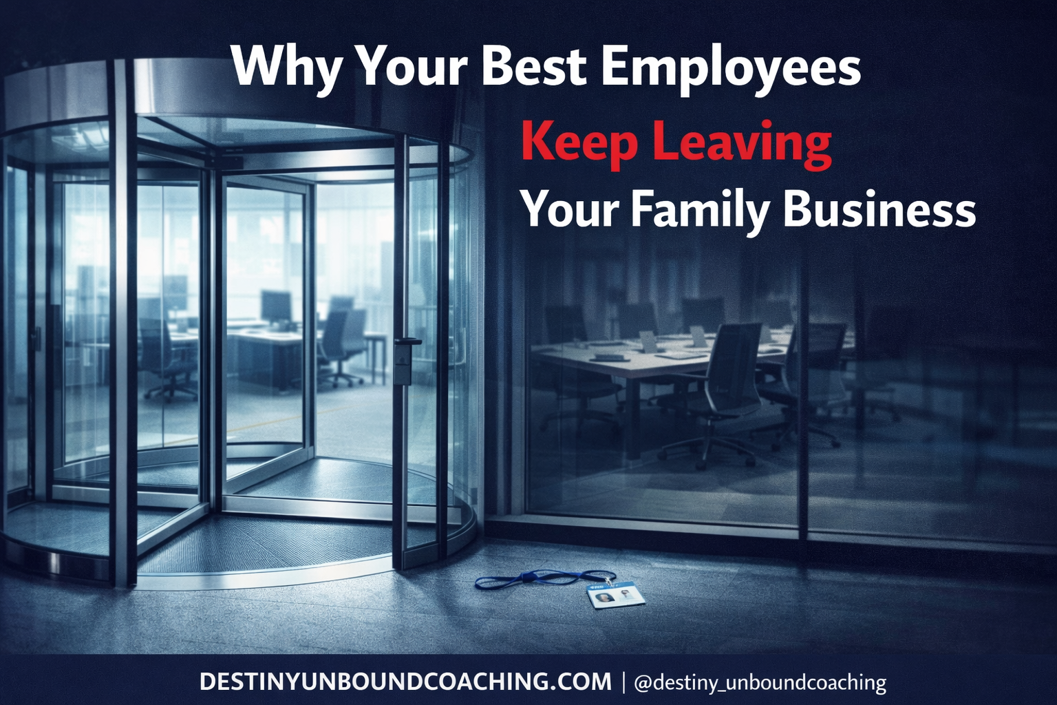 Revolving glass office door with empty conference room symbolizing top employees leaving a family-run business.