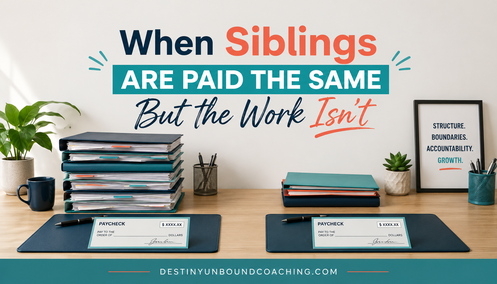 Two office workstations with identical paychecks but unequal workloads, representing unfair sibling compensation in a family business.