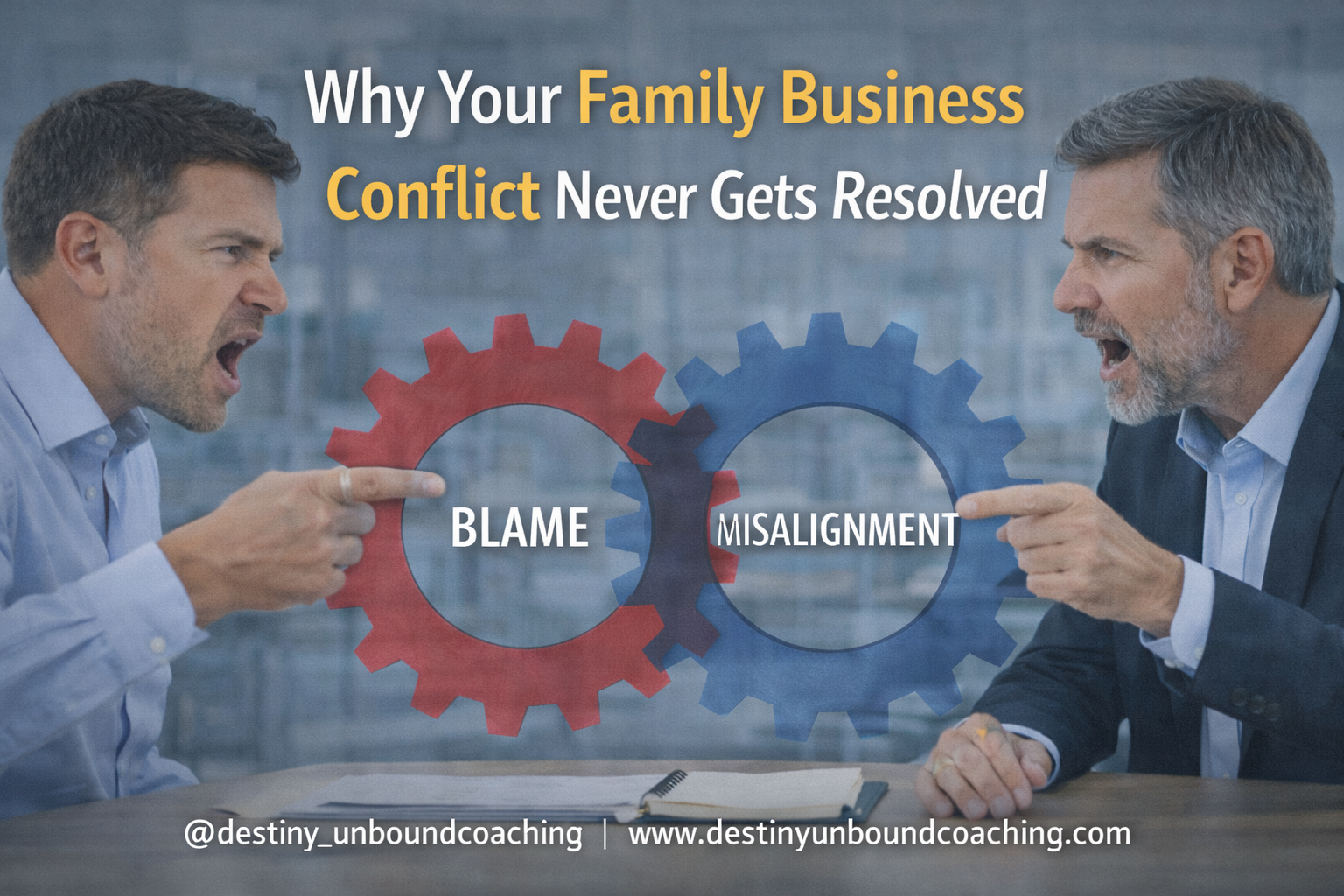 Two family business leaders in unresolved conflict illustrating blame and misalignment