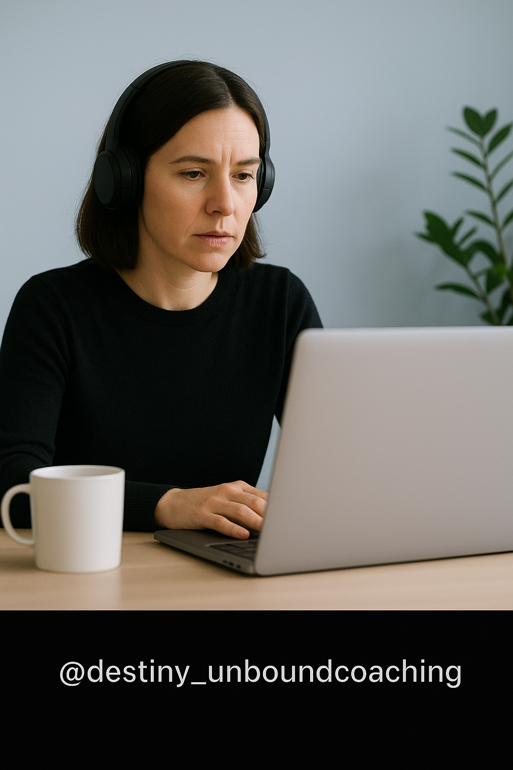Mentor leading a focused virtual coaching session — calm, confident energy in a minimalist space, representing @destiny_unboundcoaching.