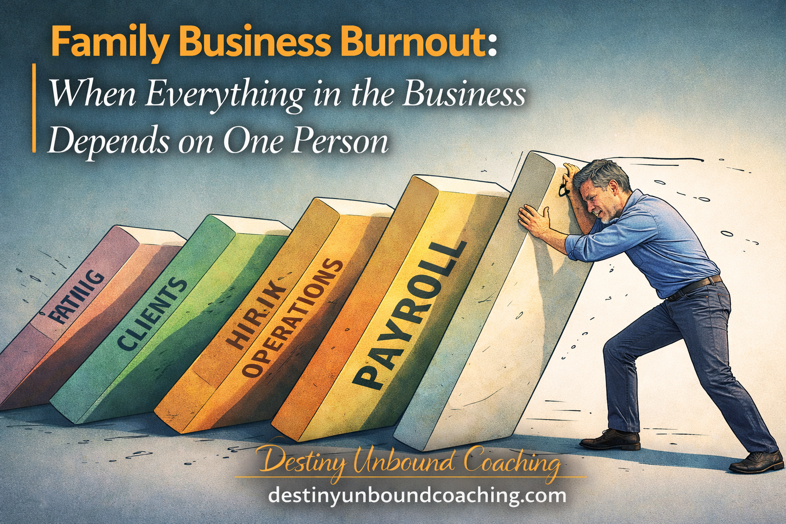 Business owner stopping falling dominoes labeled payroll clients operations hiring and family representing family business burnout when the company depends on one person