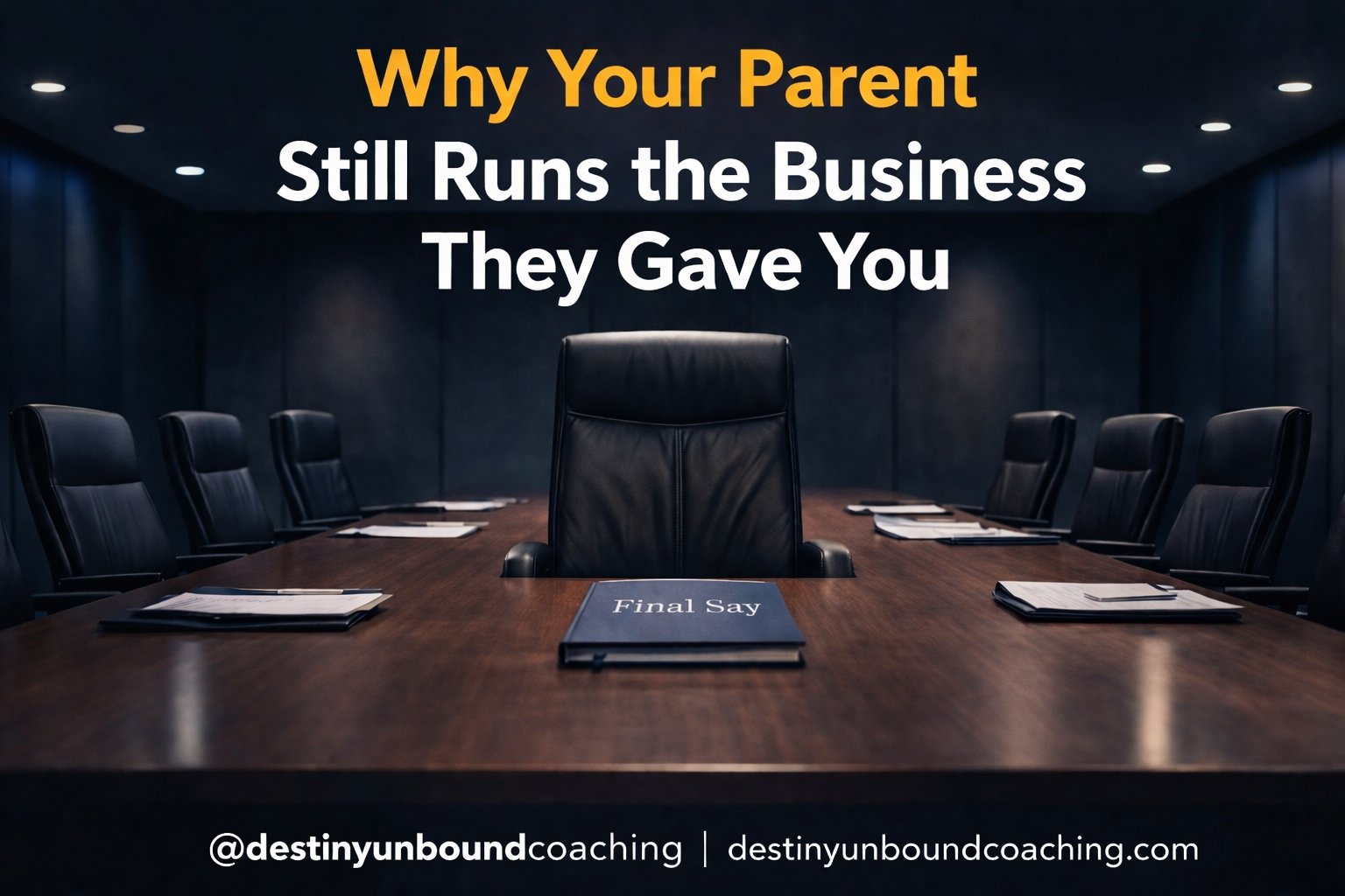 Parent still controlling family business shown by dominant chair at head of conference table with final say blocking new leadership