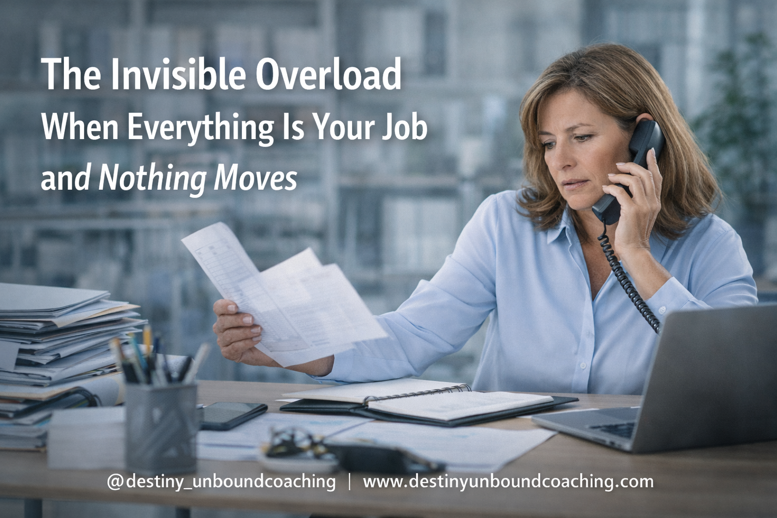 Overwhelmed family business owner handling multiple responsibilities alone in office