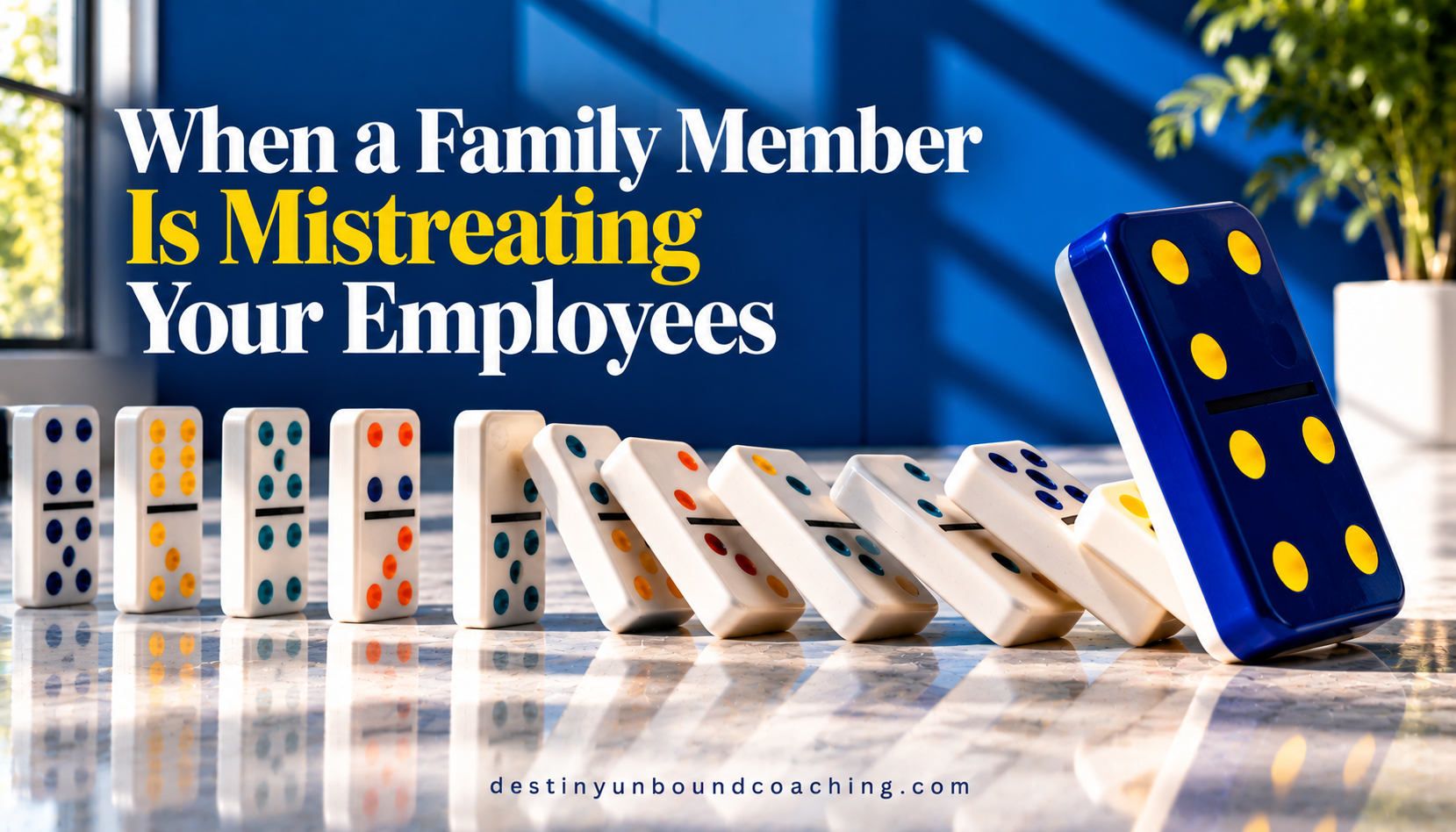 A chain of dominoes falling after one oversized domino disrupts the row, representing how one family member's unchecked behavior can damage an entire team in a family business.