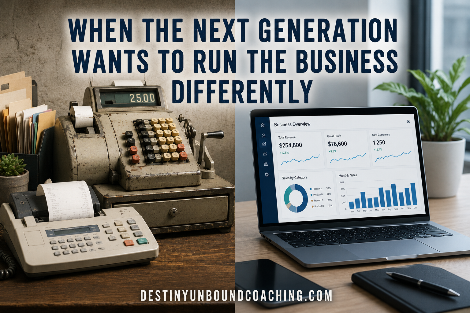 Old business technology beside modern business software, representing generational change in a family business.