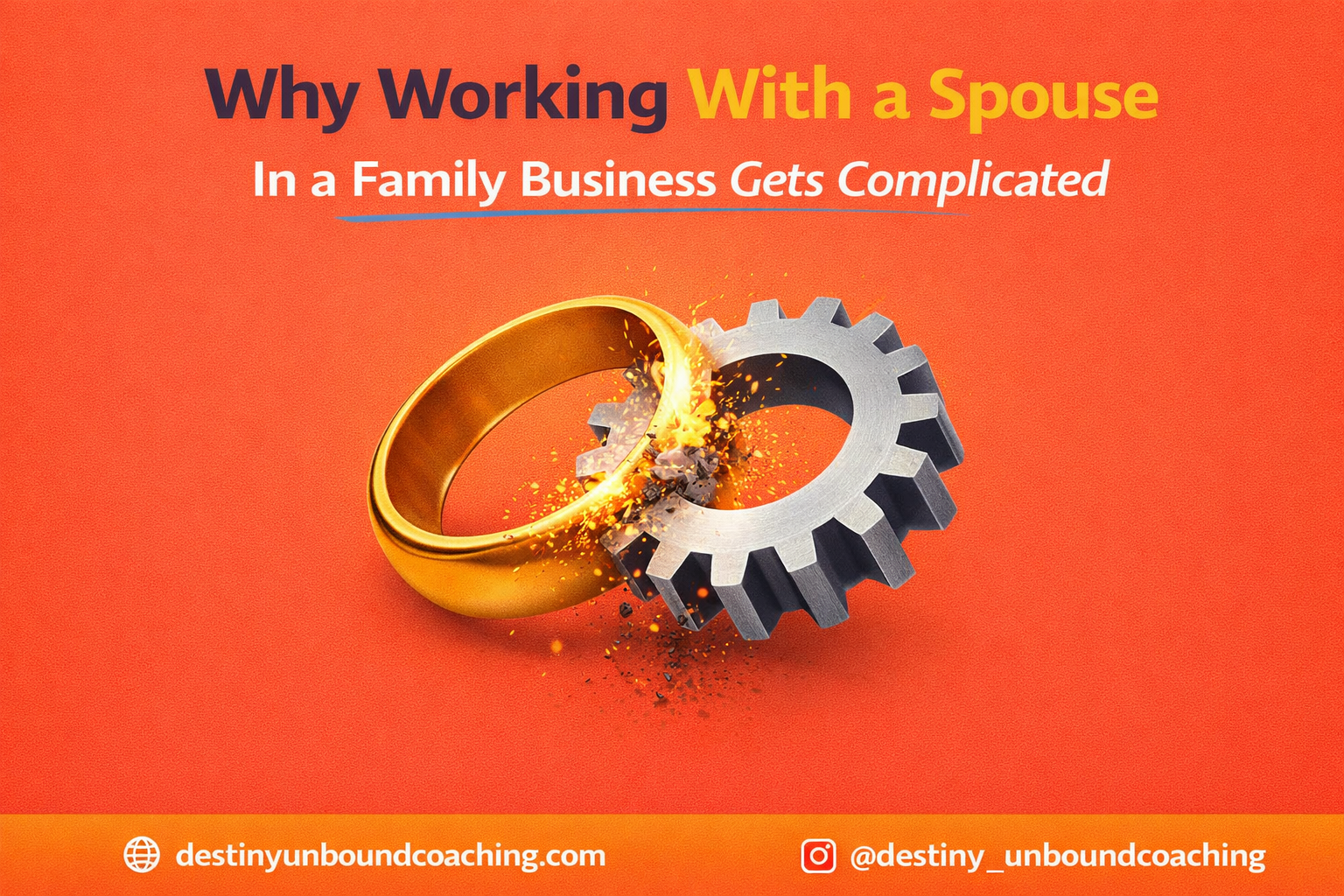 Wedding ring and metal gear colliding with sparks, representing tension and role conflict when working with a spouse in a family business.