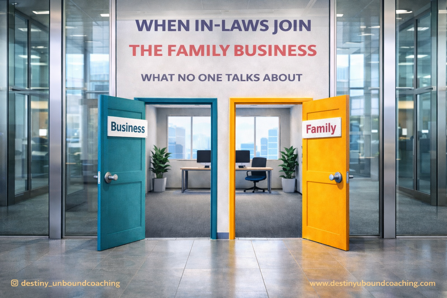 Two doors labeled business and family opening into the same office showing how in-laws enter a family business