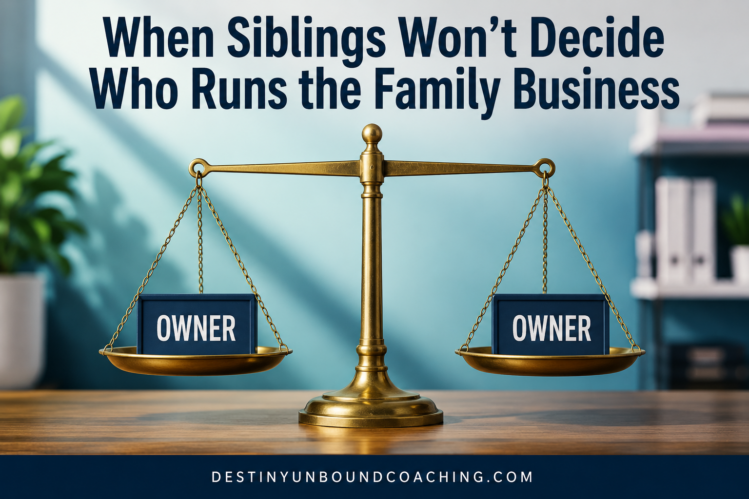 Balance scale with two owner blocks representing siblings who can't decide who runs the family business.