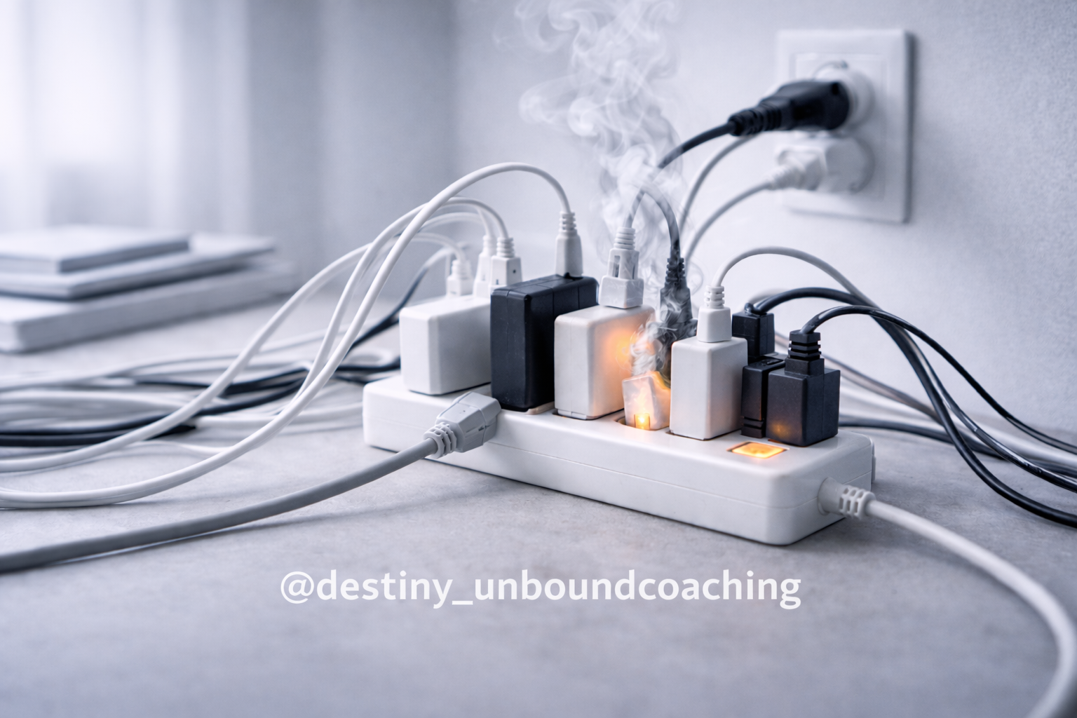 Overloaded power strip with multiple plugs overheating and smoking, representing a business built around one nervous system