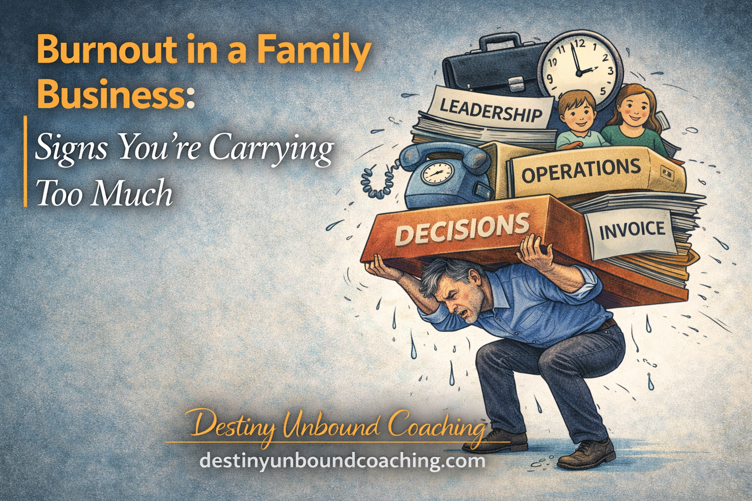 Business owner carrying heavy boxes labeled leadership operations decisions and invoices representing burnout in a family business