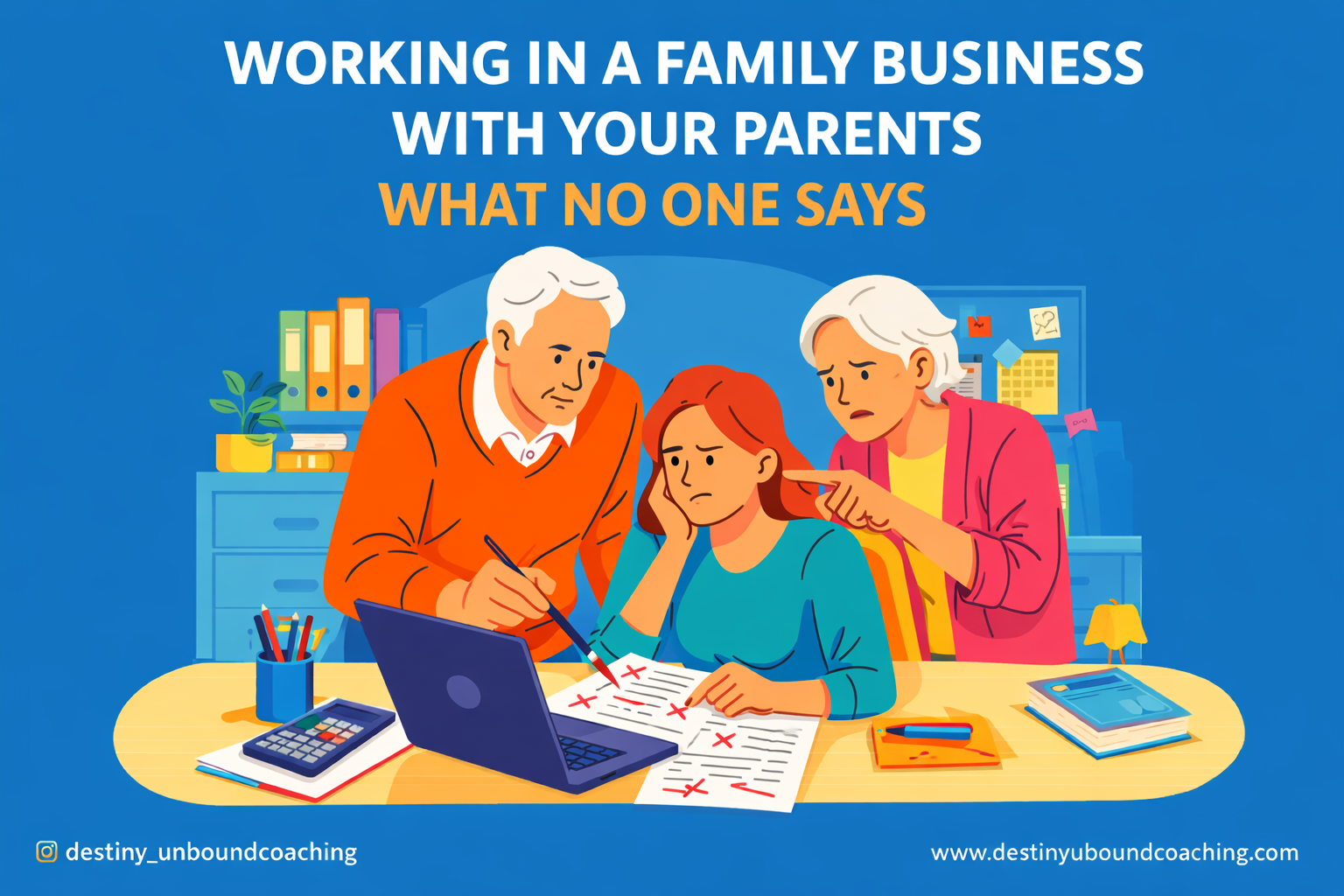 Adult child working at a desk while two parents correct and give input on the same work in a family business