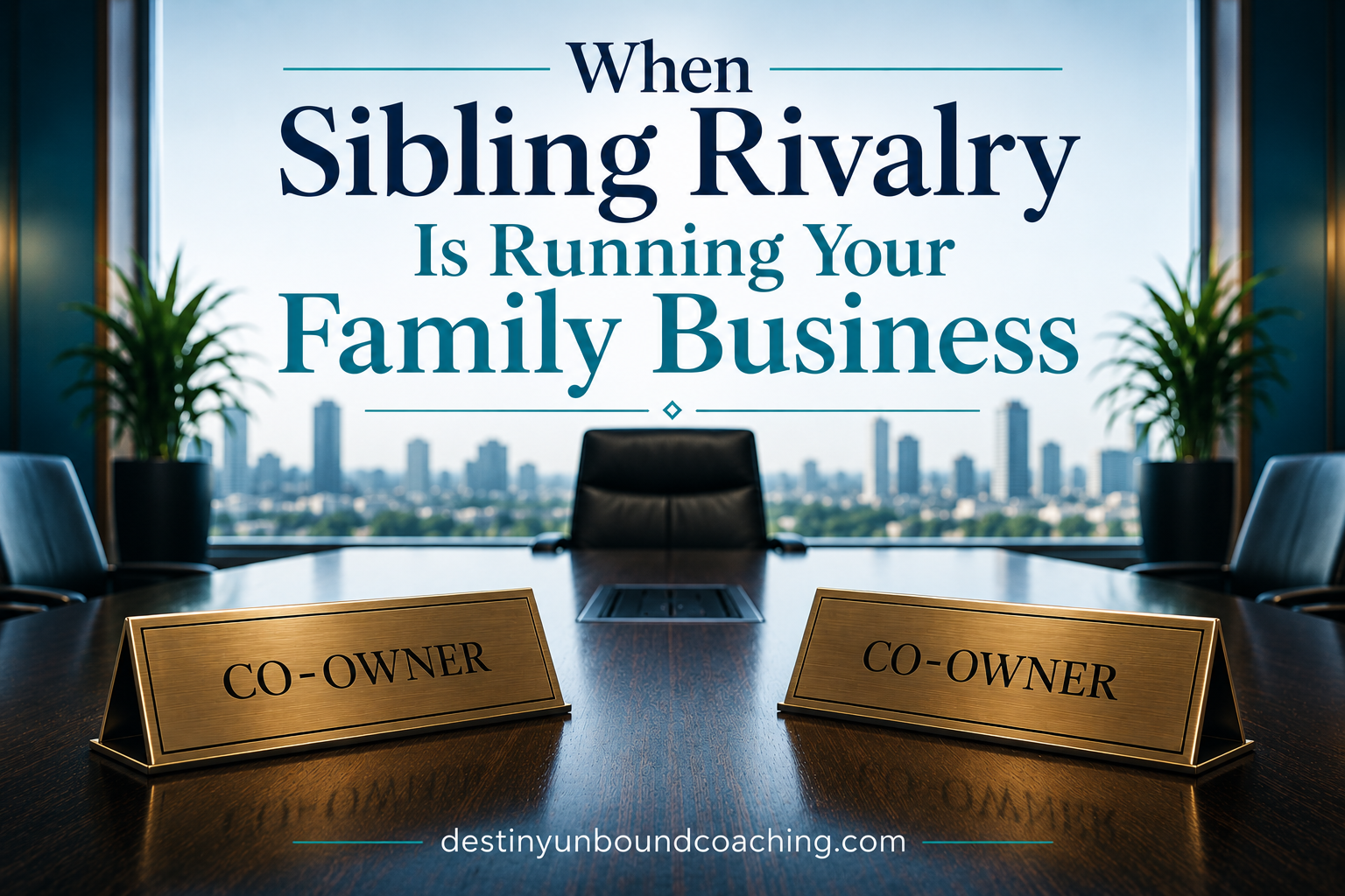 When sibling rivalry is running your family business, illustrated with two co-owner nameplates on a boardroom conference table representing leadership conflict in a family business.