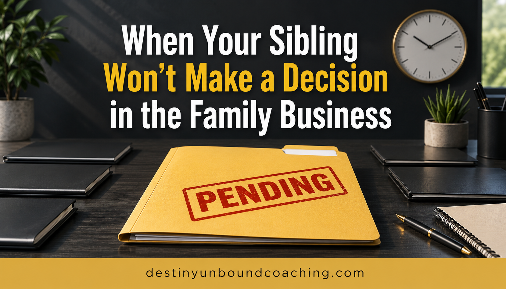 ellow pending file folder on a conference table representing delayed decisions in a family business