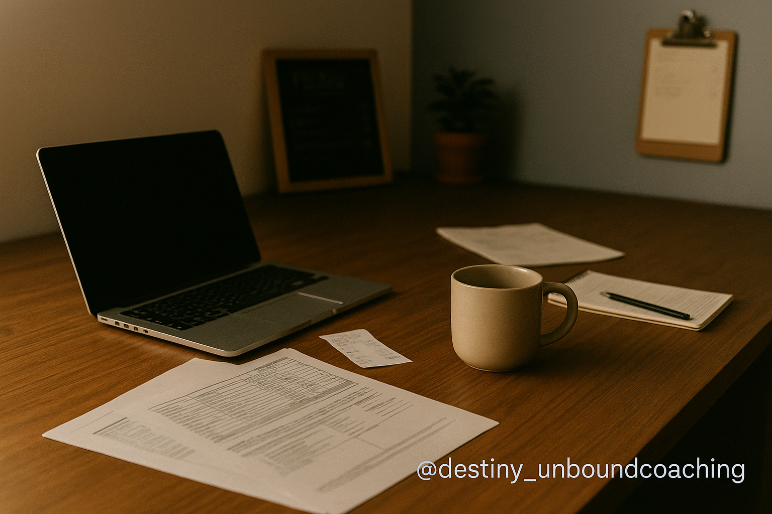 Exhausted small business workspace showing laptop, scattered papers, receipts, and coffee mug symbolizing burnout in a family business