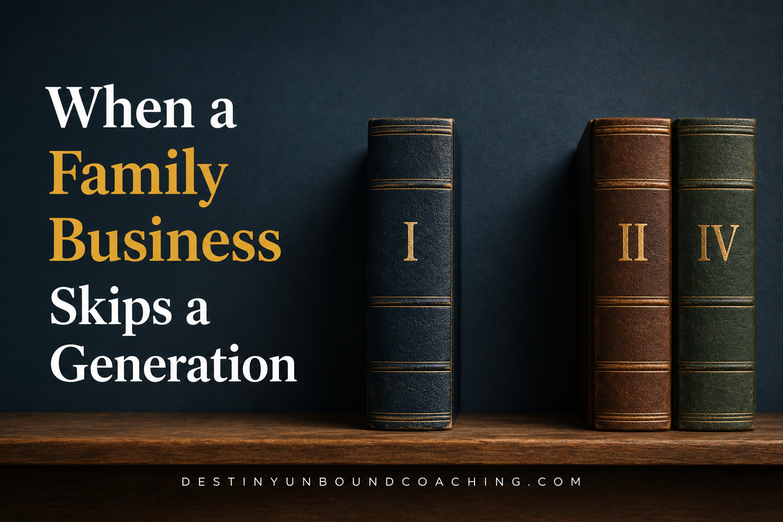 Three books with Roman numerals where Volume III is missing, symbolizing a family business skipping a generation.