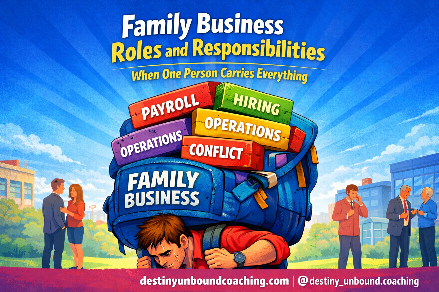 Family business owner carrying a heavy backpack filled with bricks labeled payroll, hiring, operations, conflict, and family expectations representing overloaded roles in a family business.