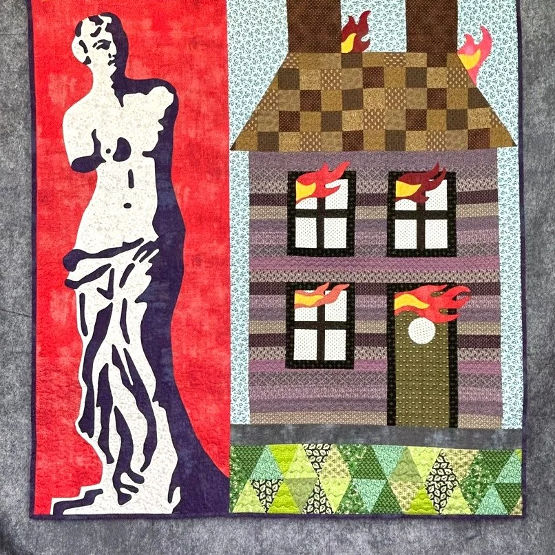 applique art quilt Venus de Milo in distressed muslin on red background