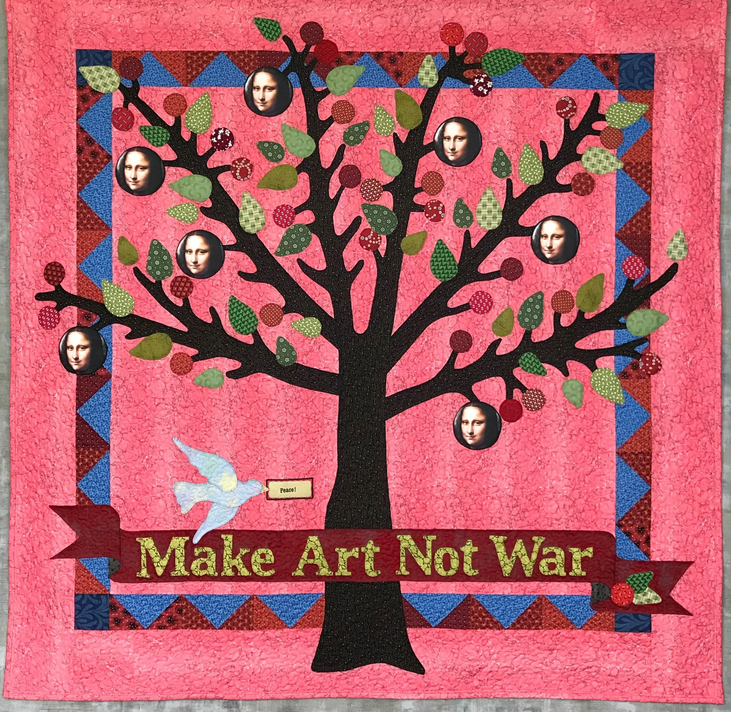 Applique folk art quilted wall hanging featuring a tree and a peace banner