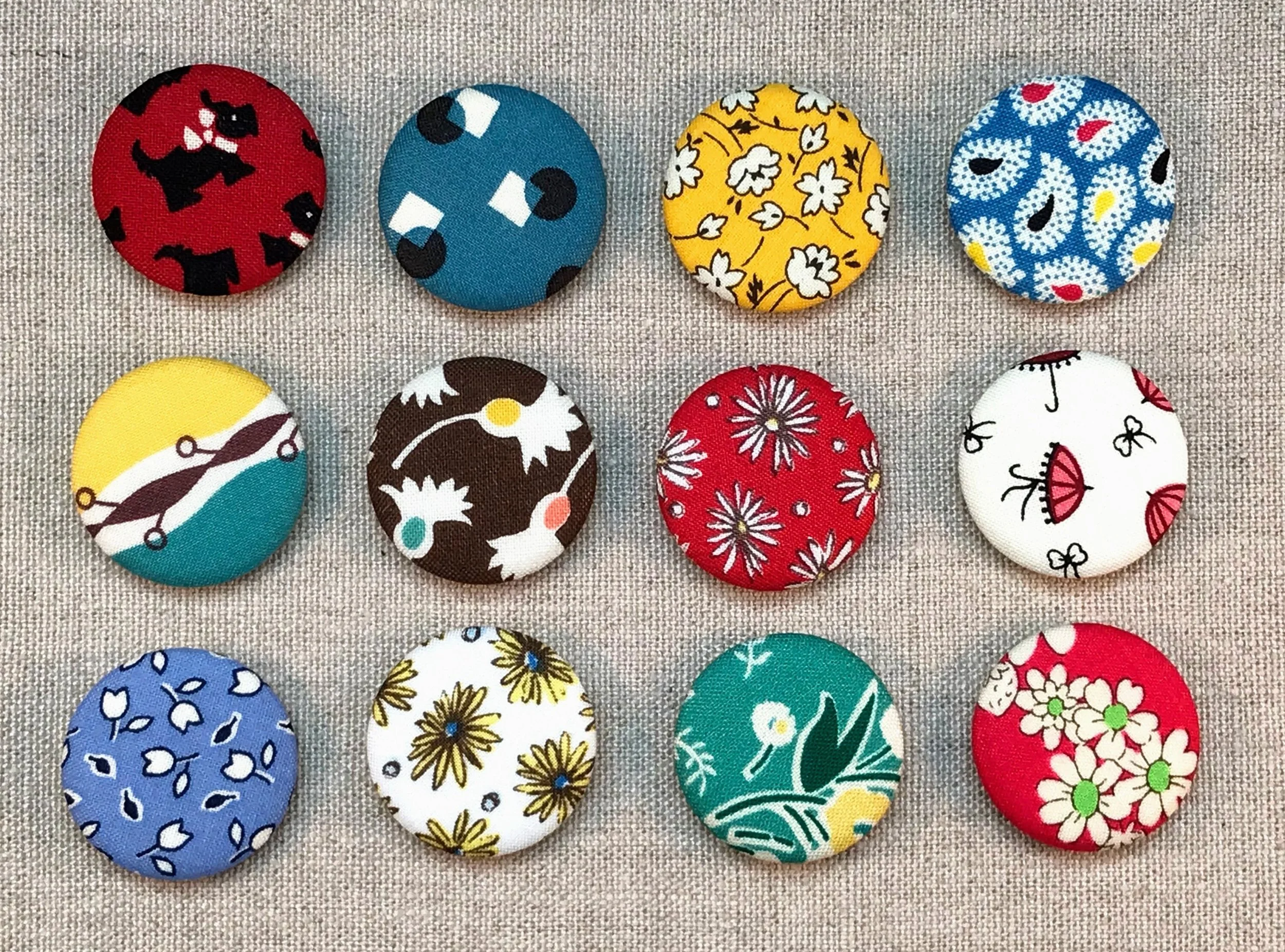 Fabric Covered Button Magnets - Set of 12 - Reproduction Feedsack Fabrics