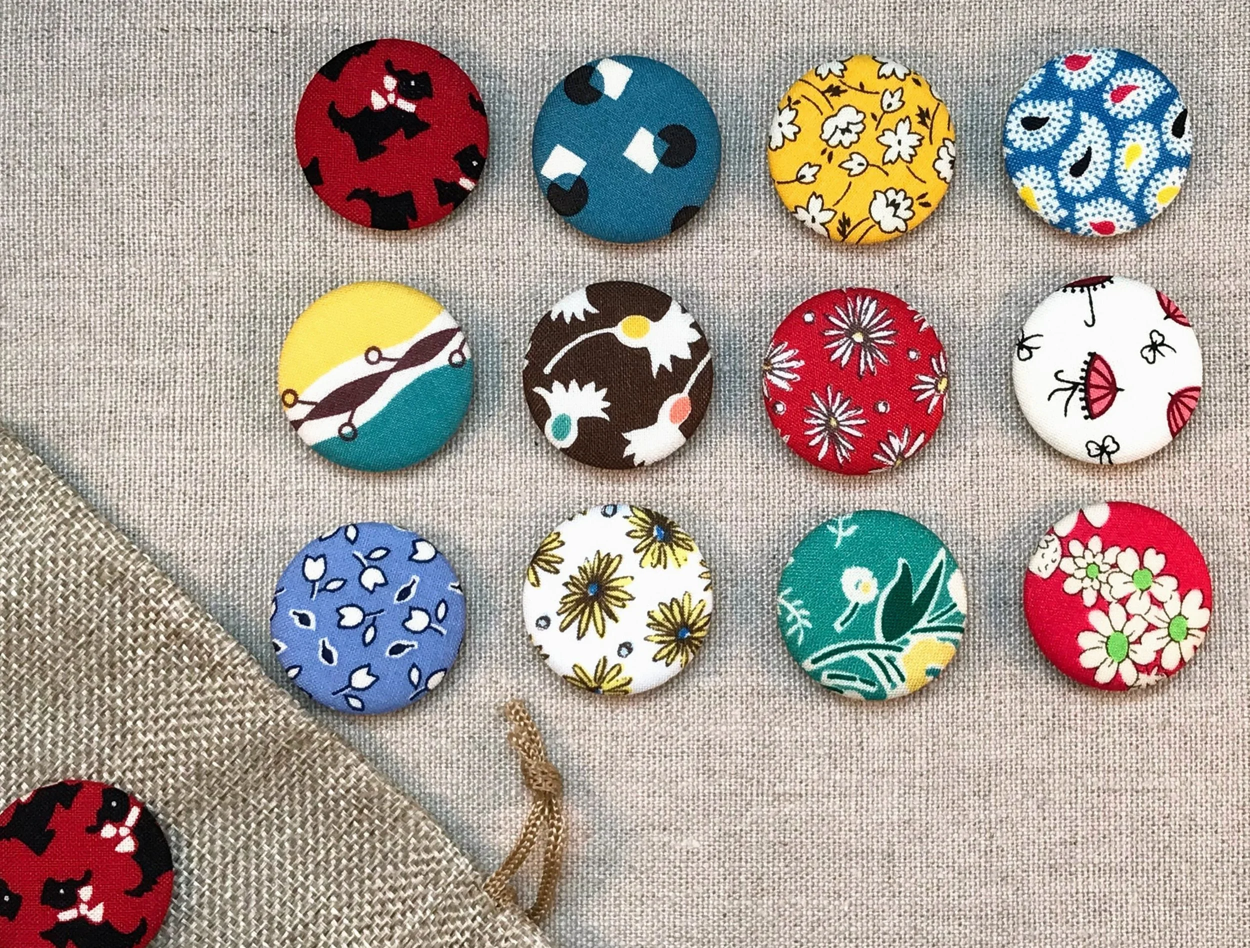 Fabric Covered Button Magnets - Set of 12 - Reproduction Feedsack Fabrics