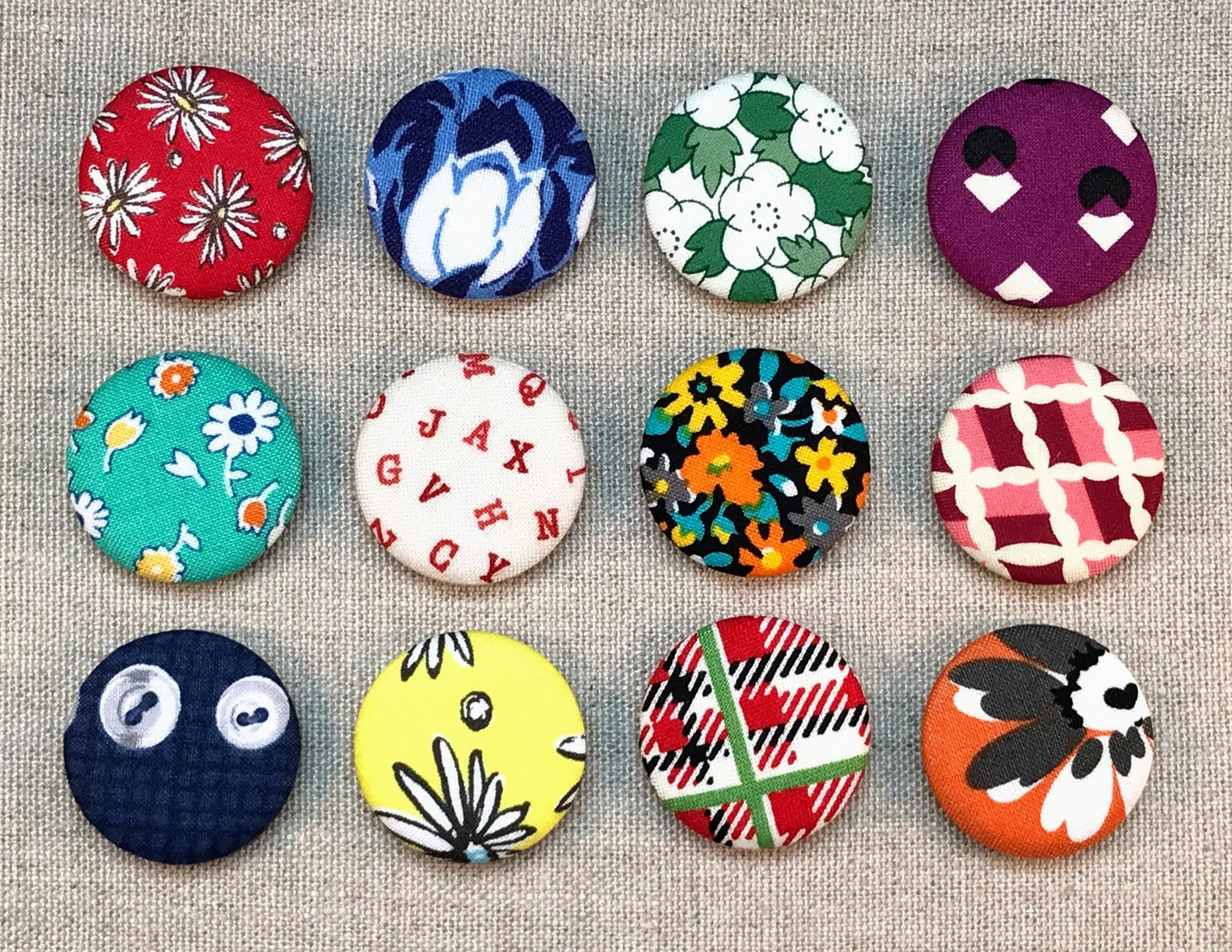 Fabric Covered Button Magnets - Set of 12 - Reproduction Feedsack Fabrics
