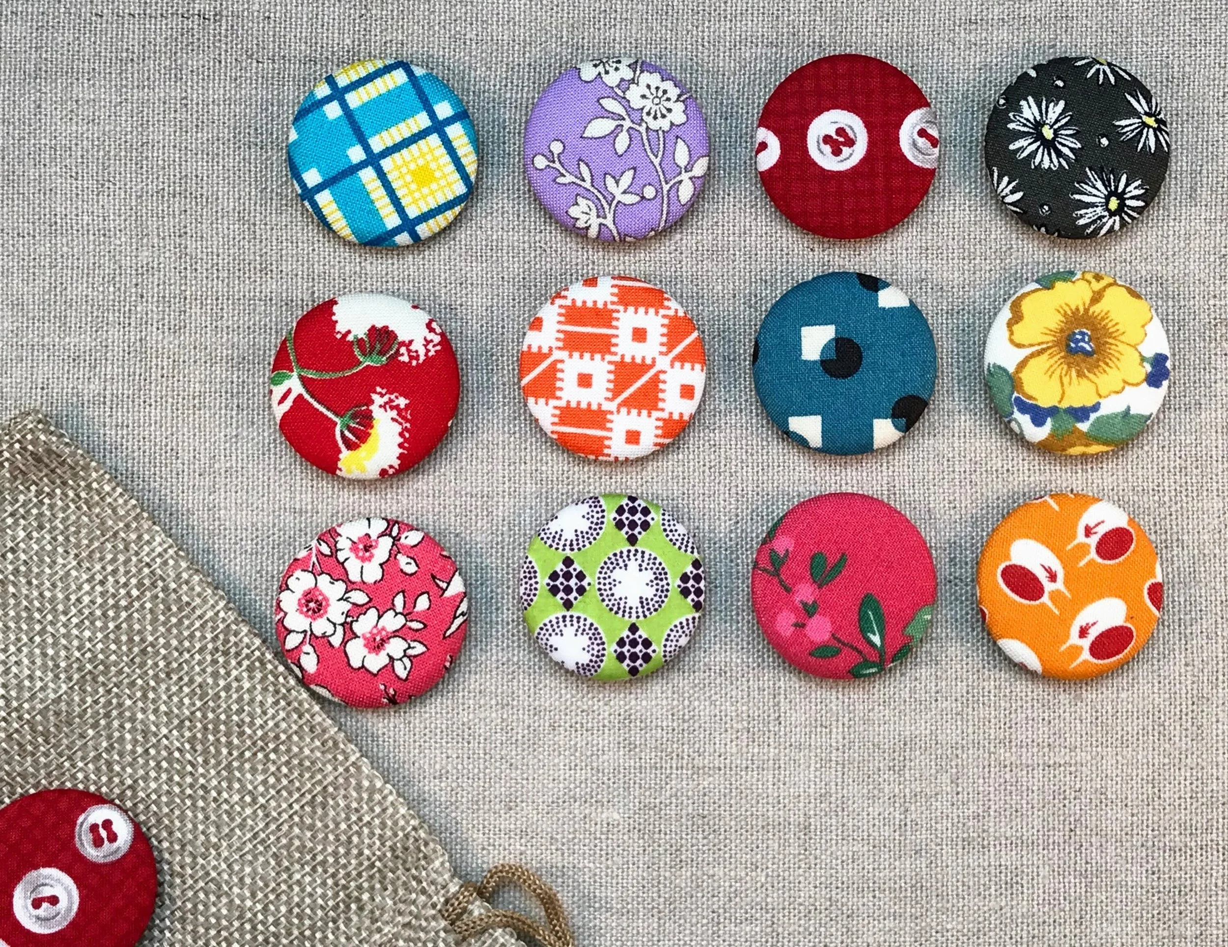Fabric Covered Button Magnets - Set of 12 - Reproduction Feedsack Fabrics