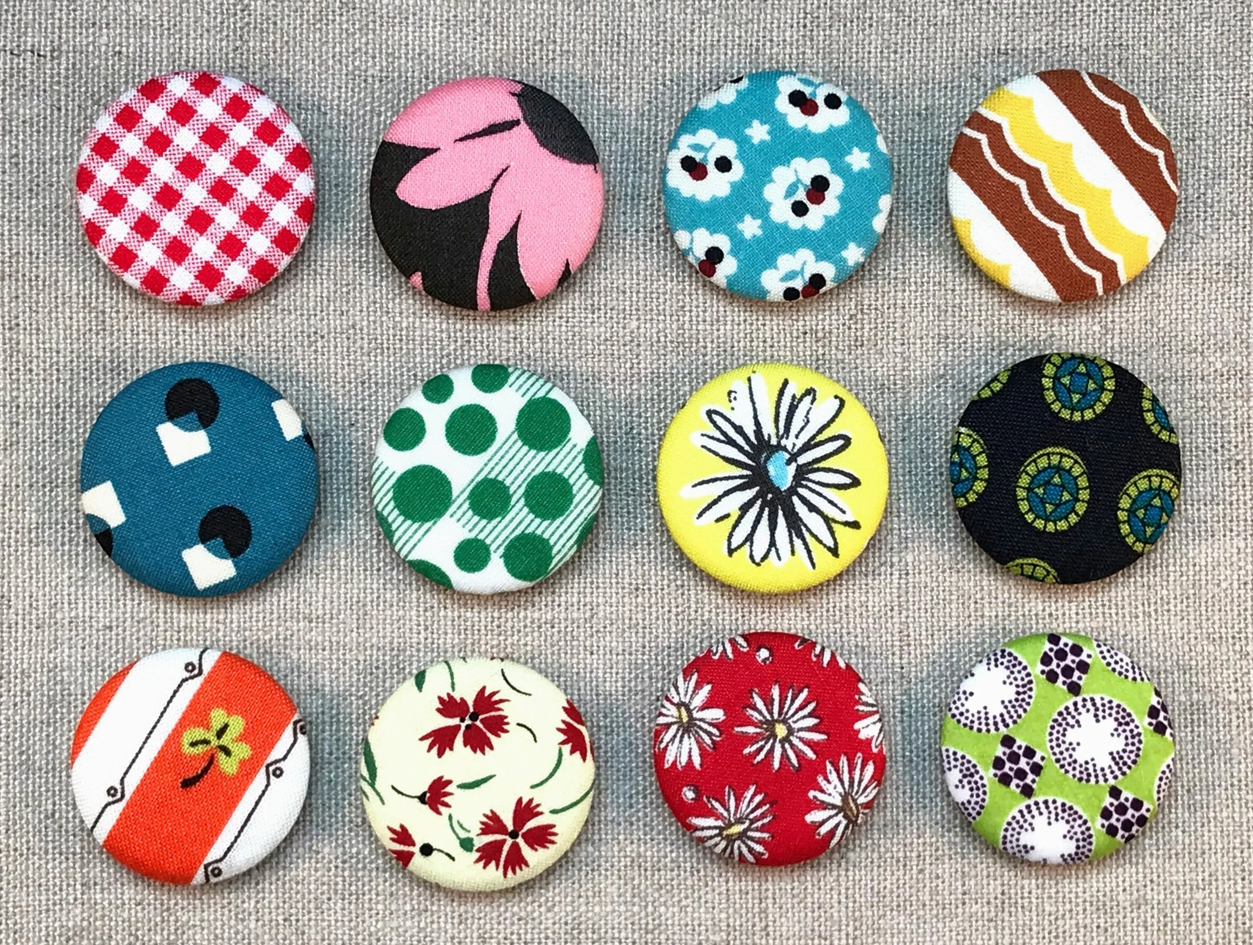 Fabric Covered Button Magnets - Set of 12 - Reproduction Feedsack Fabrics