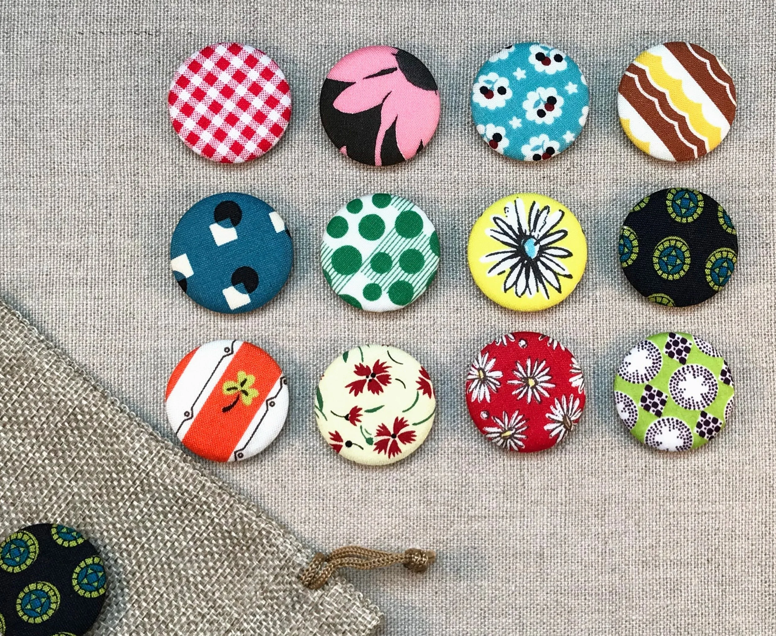 Fabric Covered Button Magnets - Set of 12 - Reproduction Feedsack Fabrics