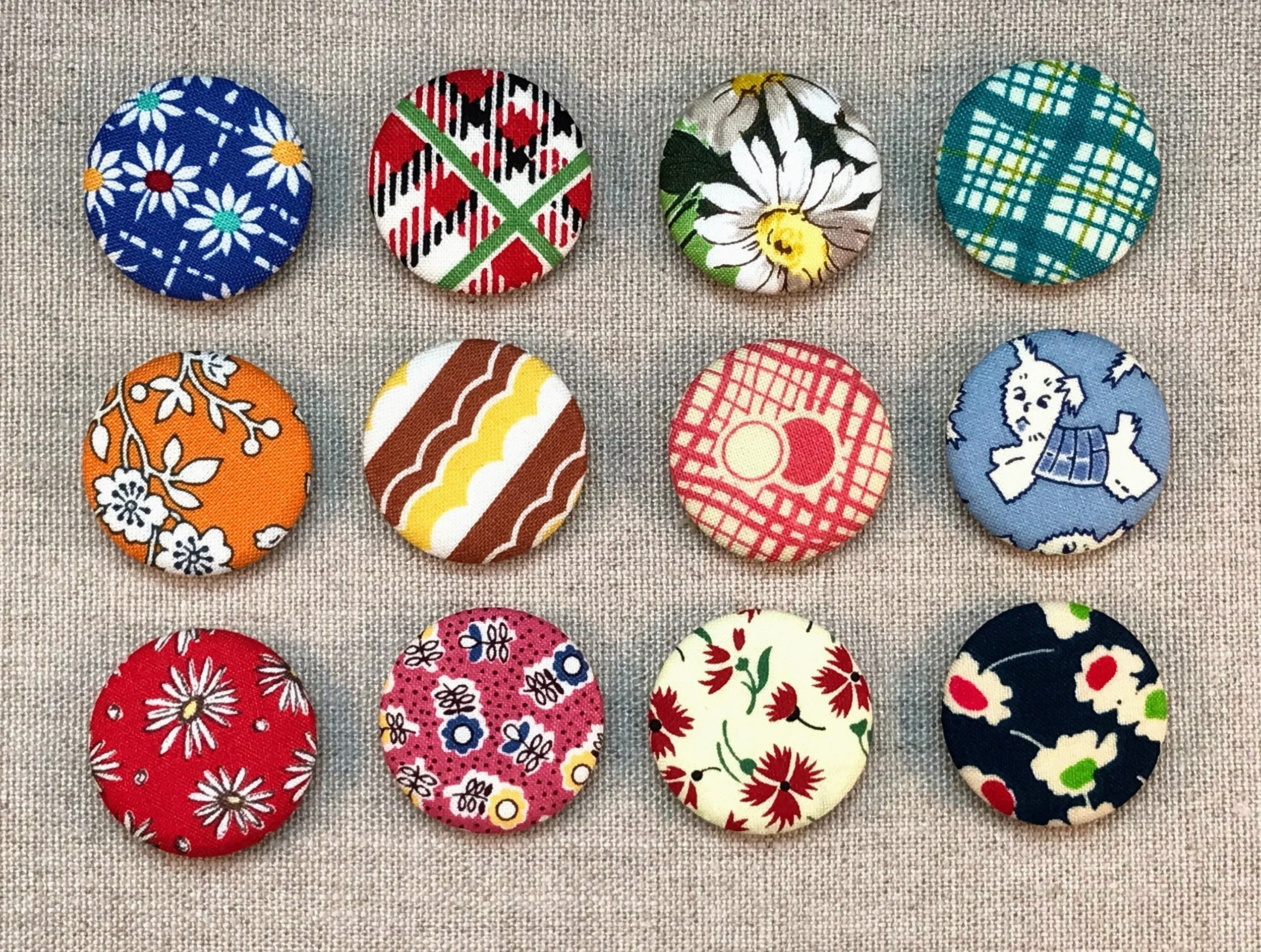 Fabric Covered Button Magnets - Set of 12 - Reproduction Feedsack Fabrics