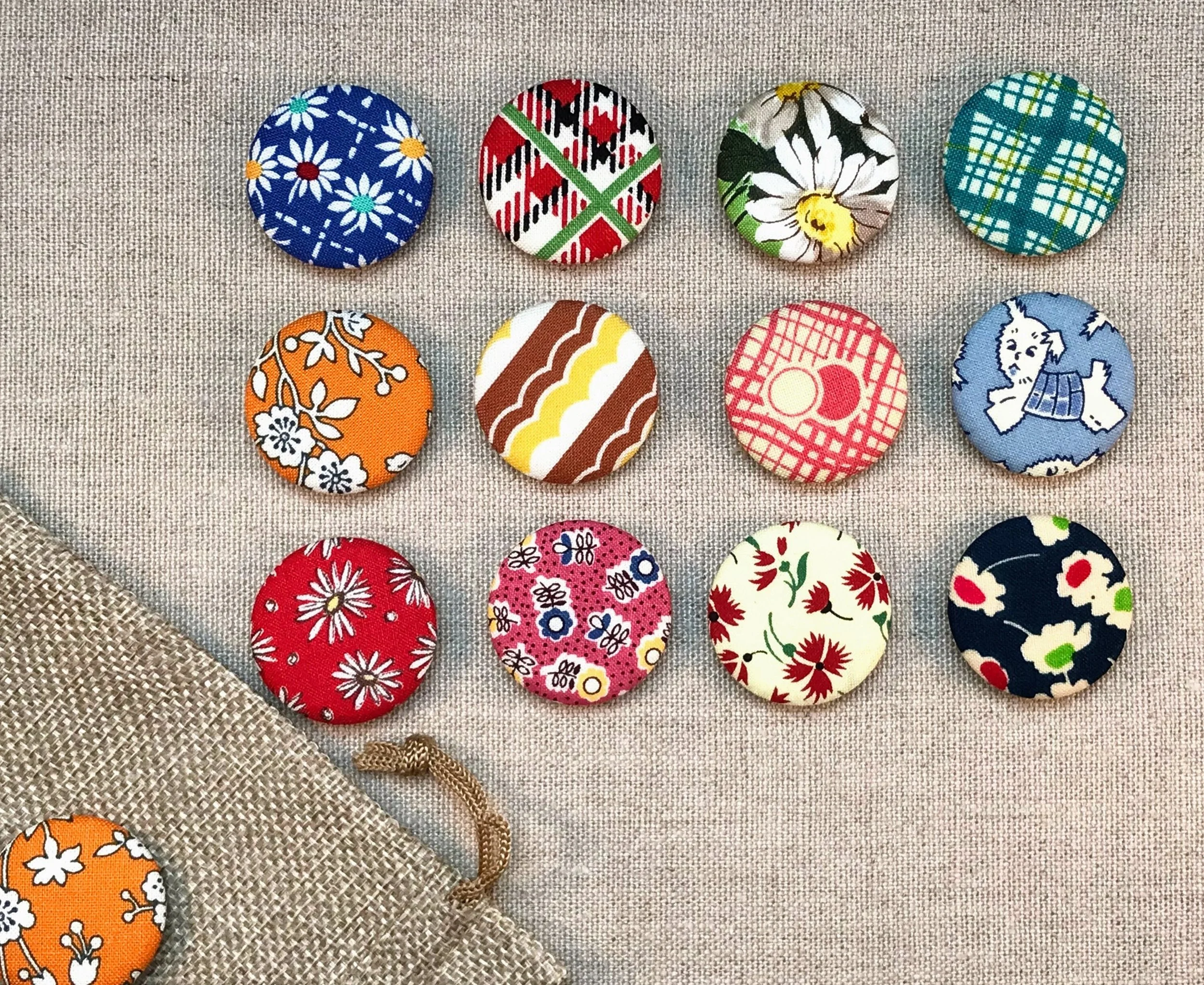 Fabric Covered Button Magnets - Set of 12 - Reproduction Feedsack Fabrics