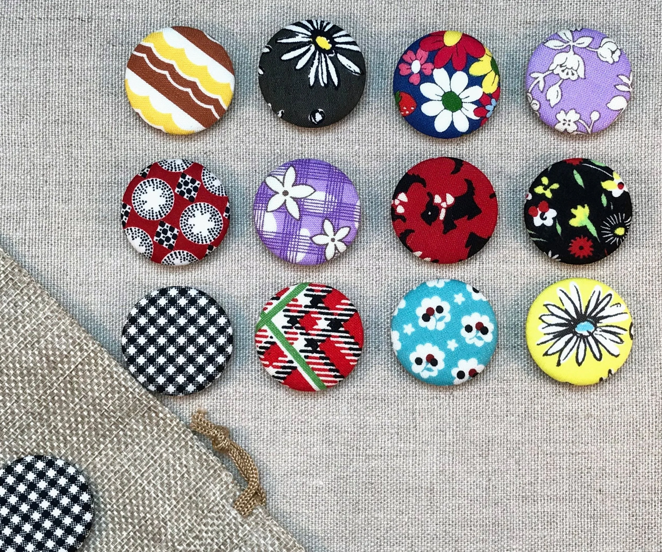 Fabric Covered Button Magnets - Set of 12 - Reproduction Feedsack Fabrics