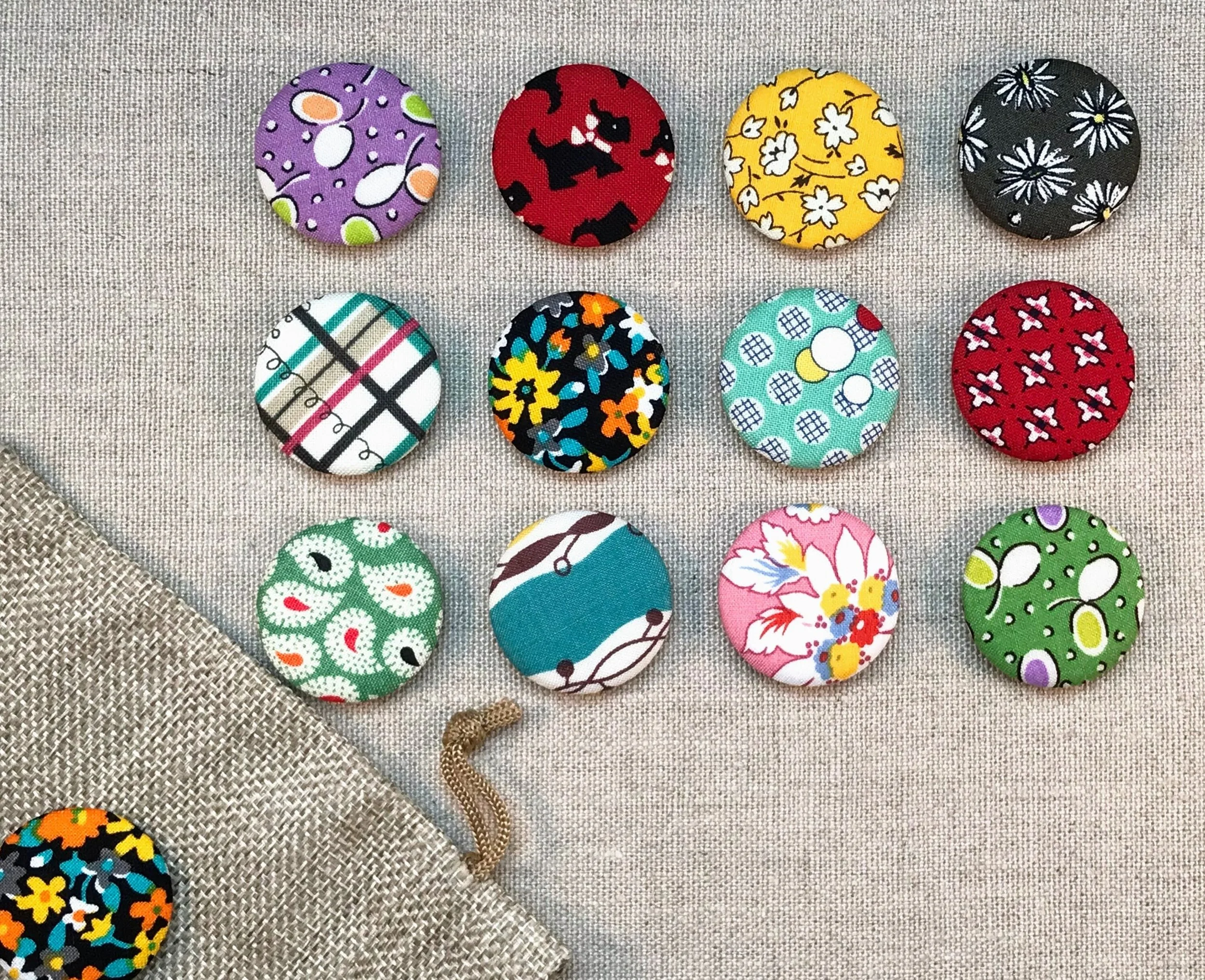 Fabric Covered Button Magnets - Set of 12 - Reproduction Feedsack Fabrics