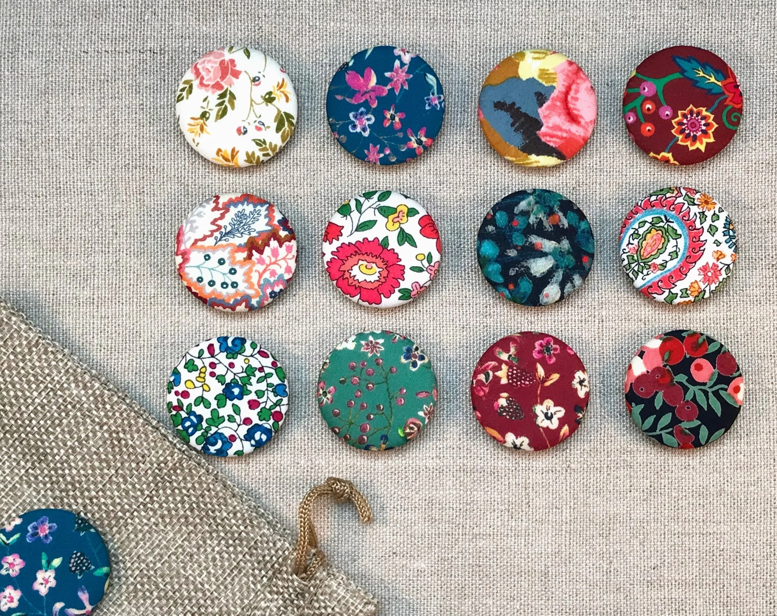 Fabric Covered Button Magnets - Set of 12 - Liberty of London Tana Lawn