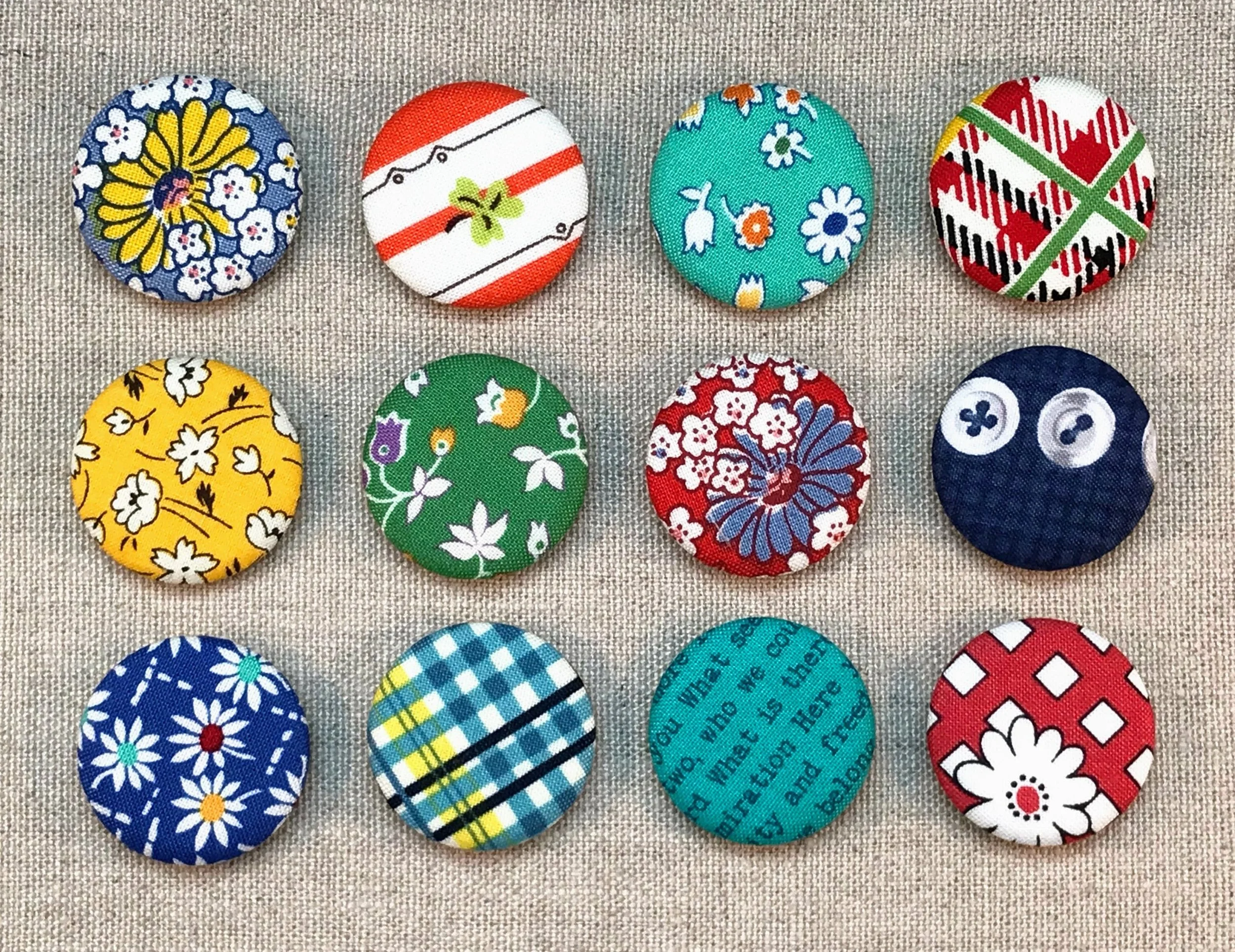 Fabric Covered Button Magnets - Set of 12 - Reproduction Feedsack Fabrics