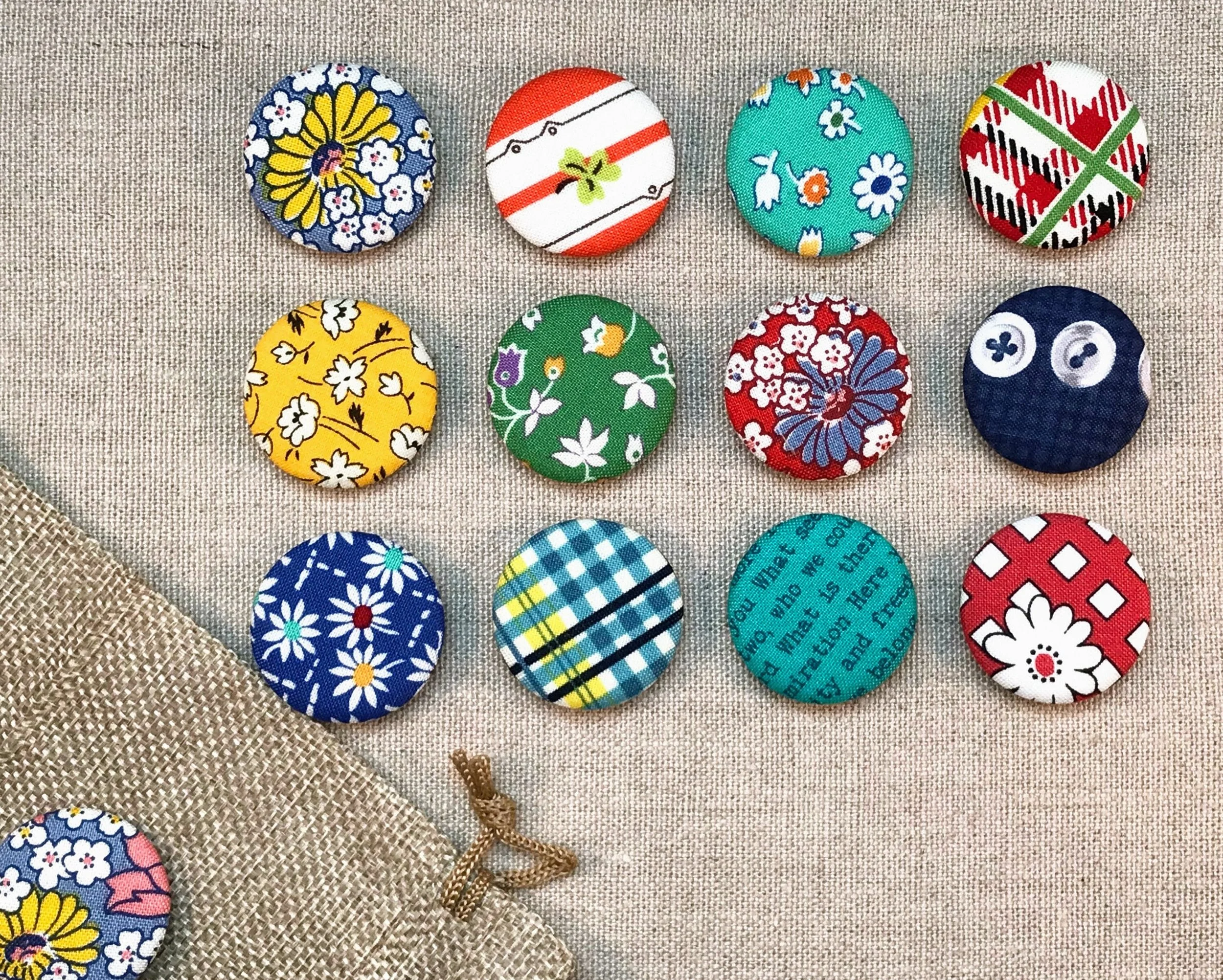 Fabric Covered Button Magnets - Set of 12 - Reproduction Feedsack Fabrics