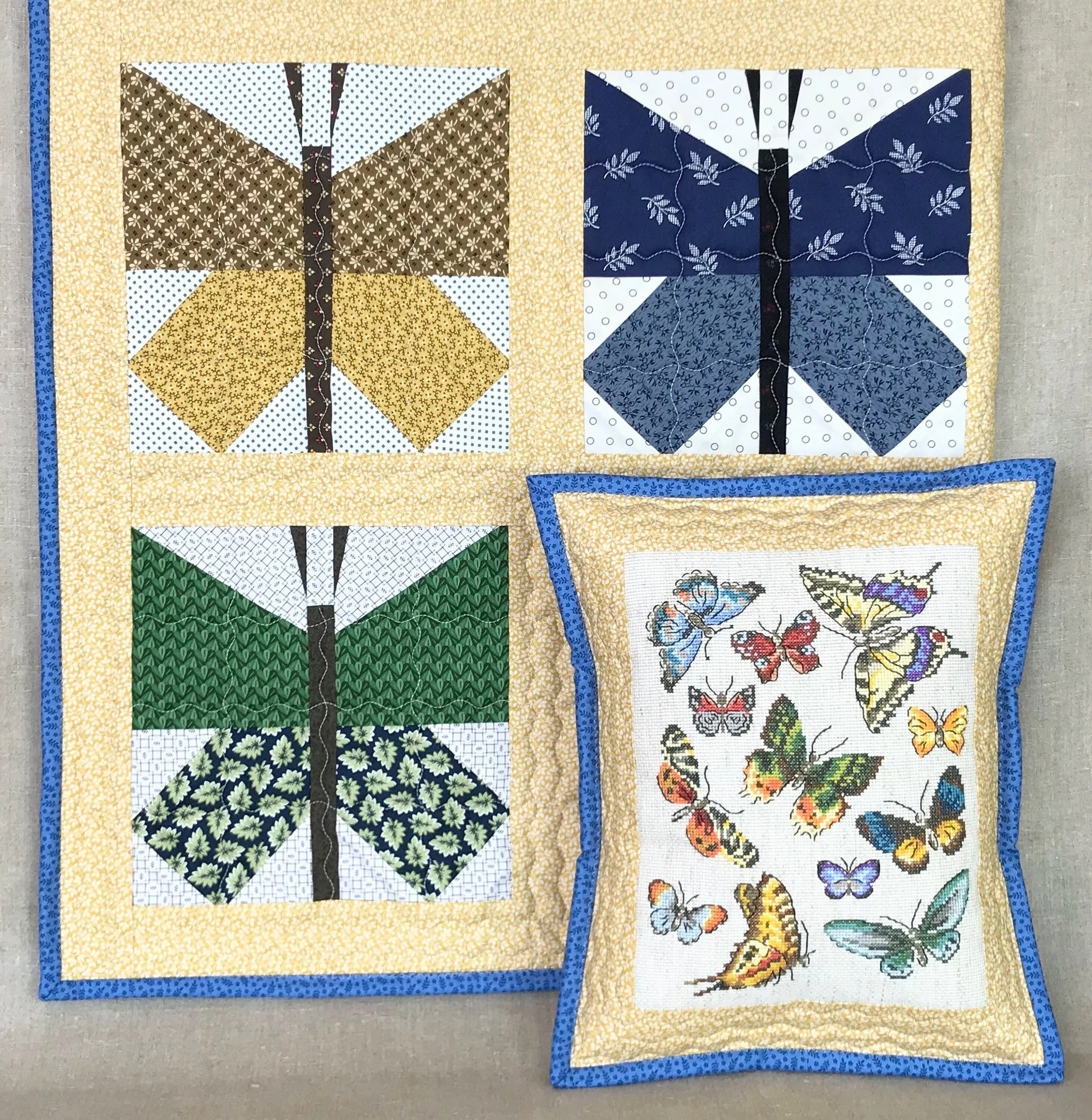 cross stitch butterfly pillow and butterfly quilt block pattern