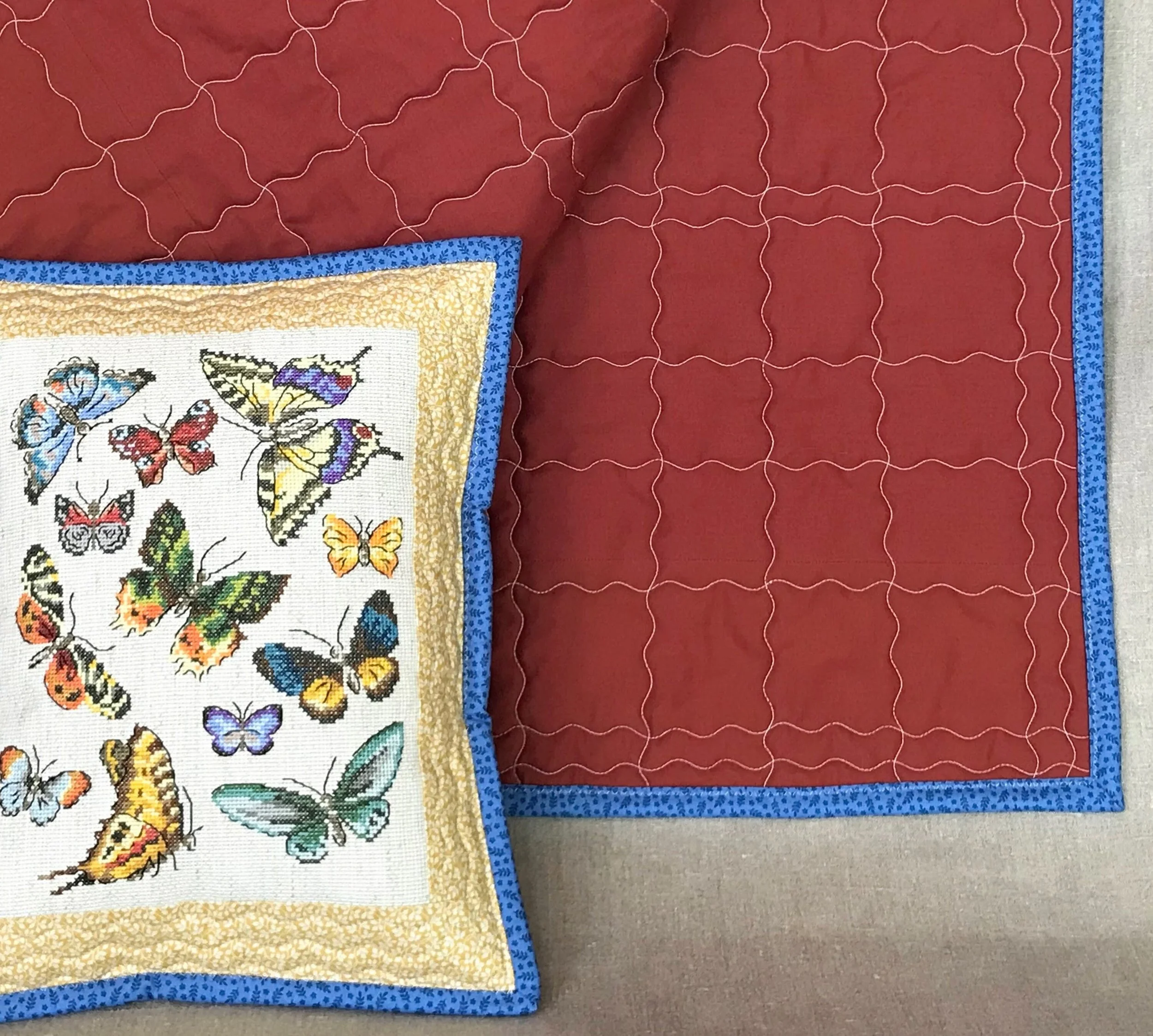 one of a kind handmade cross stitch butterfly pillow