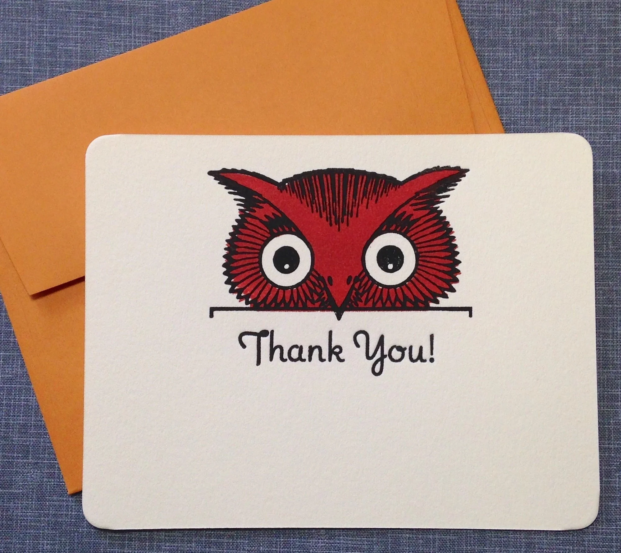 Letterpress Thank You Card and Envelope - Brick Red Owl