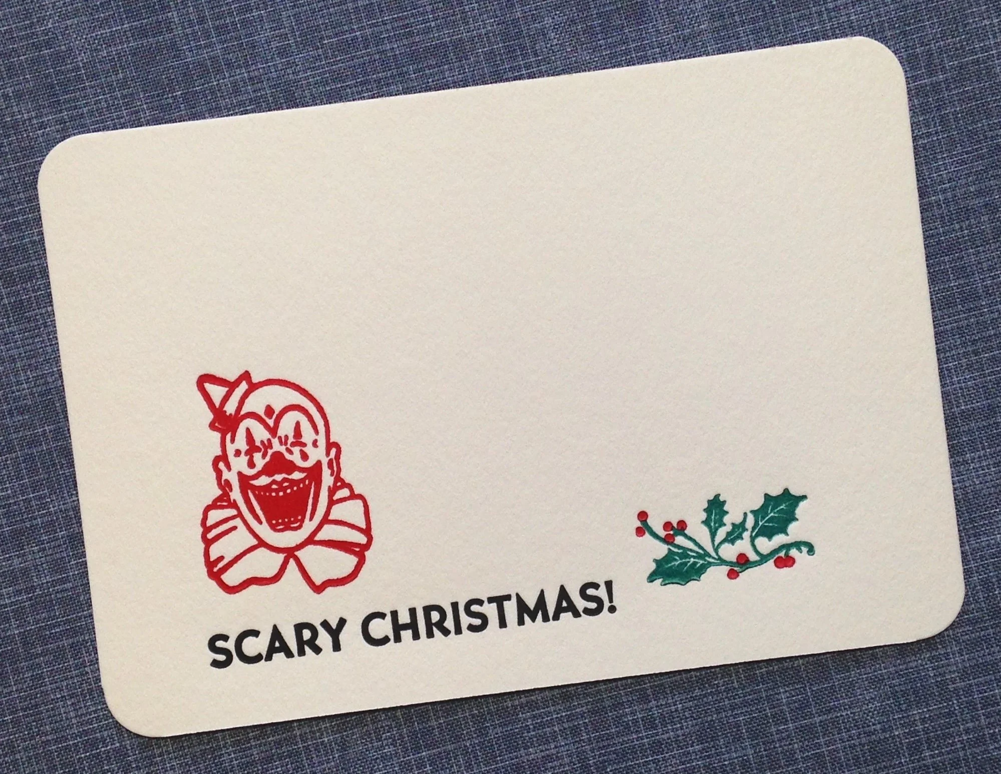 Letterpress Holiday Card and Envelope - Scary Christmas Clown